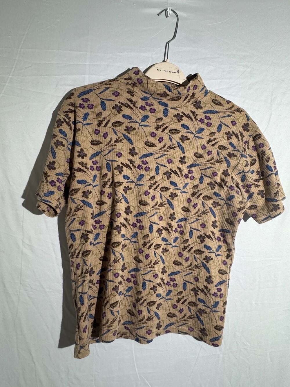 Vintage Bobbie Brooks Mock Neck Floral Top Womens Large Beige Purple Short Slee